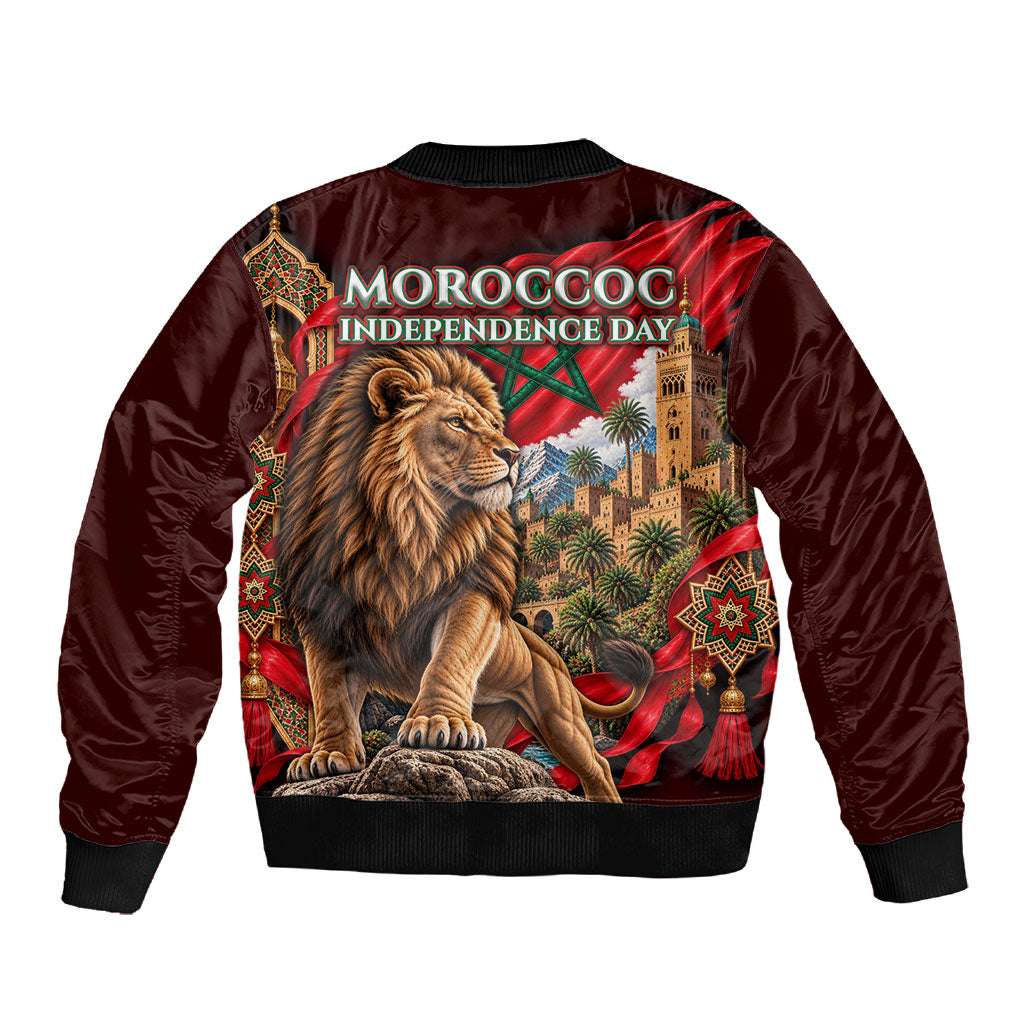 Morocco Independence Day Lion Sleeve Zip Bomber Jacket Atlas Mountain Kasbah Heritage
