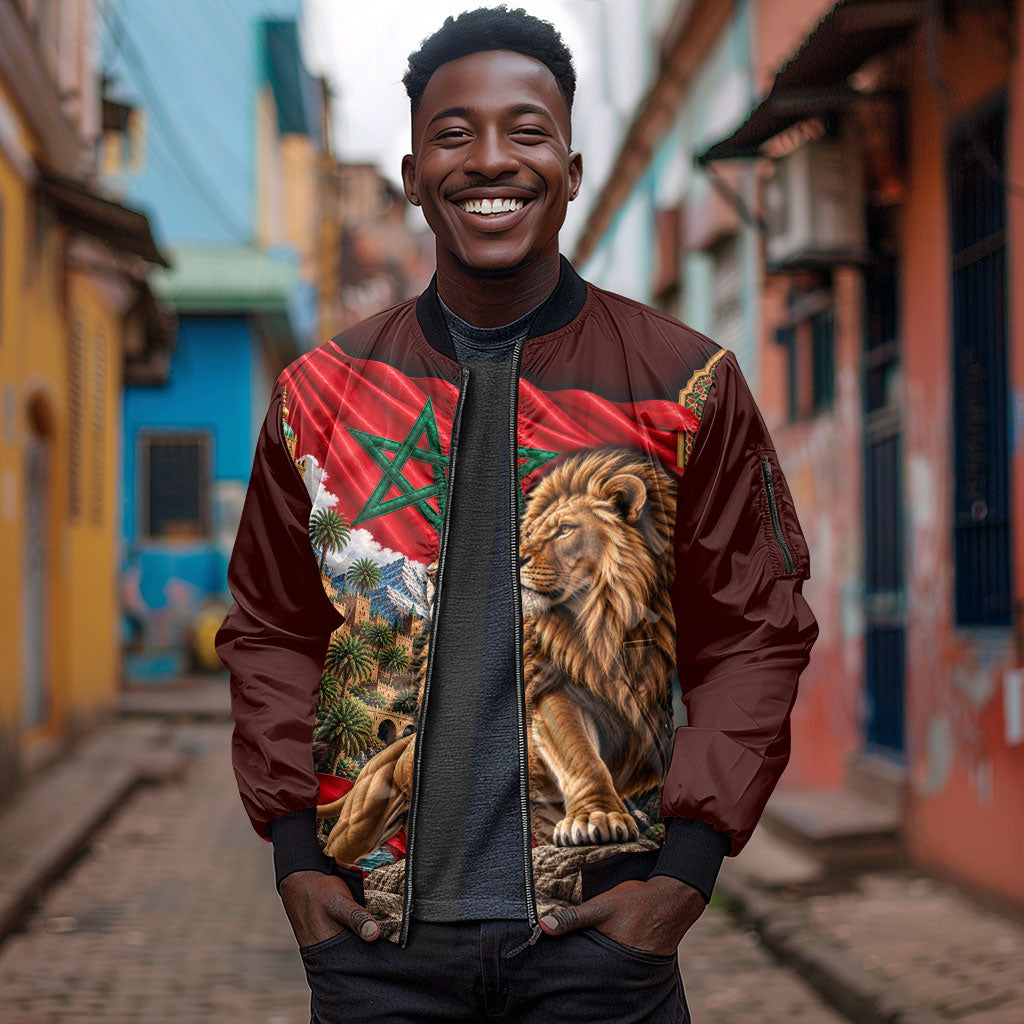 Morocco Independence Day Lion Sleeve Zip Bomber Jacket Atlas Mountain Kasbah Heritage