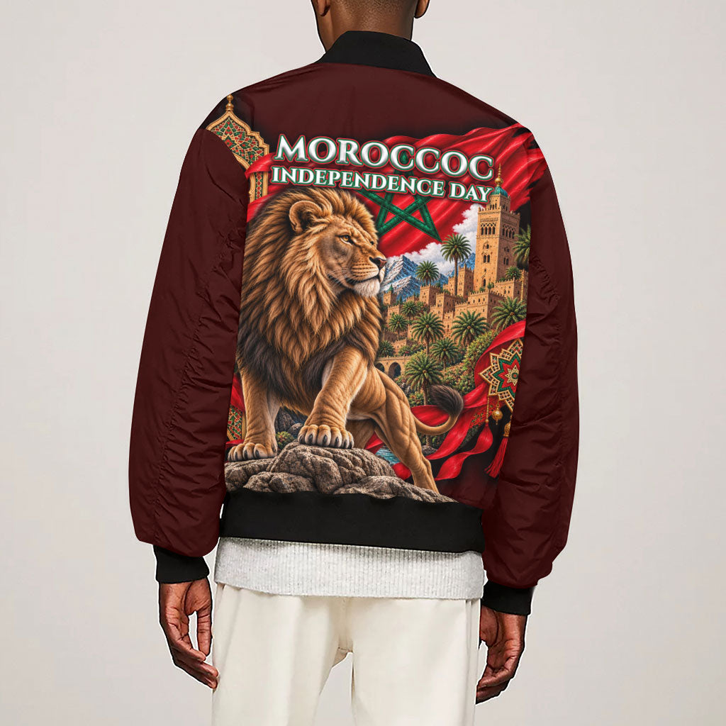 Morocco Independence Day Lion Sleeve Zip Bomber Jacket Atlas Mountain Kasbah Heritage