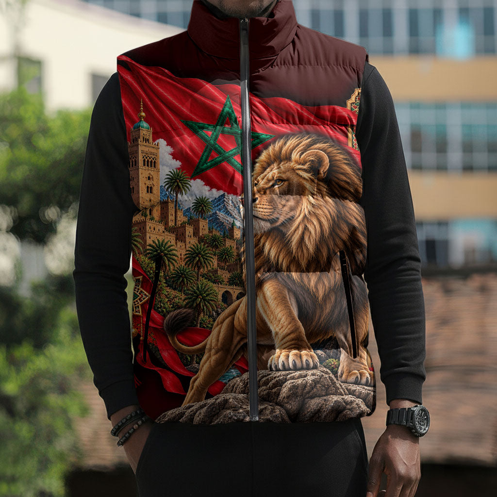 Morocco Independence Day Lion Sleeveless Puffer Jacket Atlas Mountain Kasbah Heritage