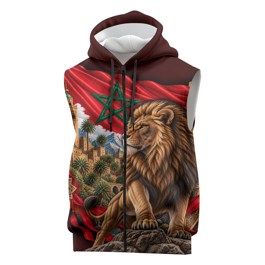 Morocco Independence Day Lion Sleeveless Zip Hoodie Atlas Mountain Kasbah Heritage