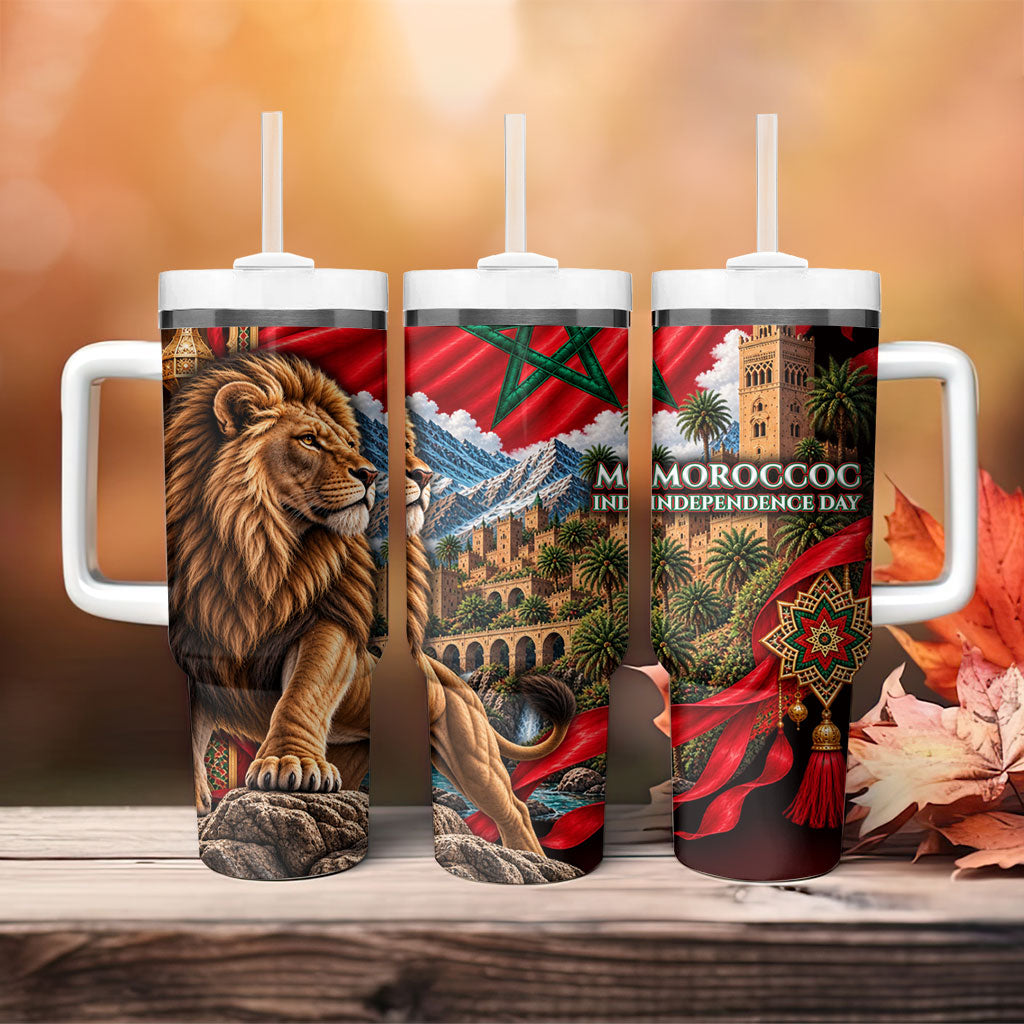 Morocco Independence Day Lion Tumbler With Handle Atlas Mountain Kasbah Heritage