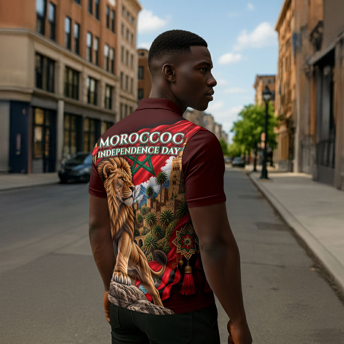 Morocco Independence Day Lion Zipper Polo Shirt Atlas Mountain Kasbah Heritage