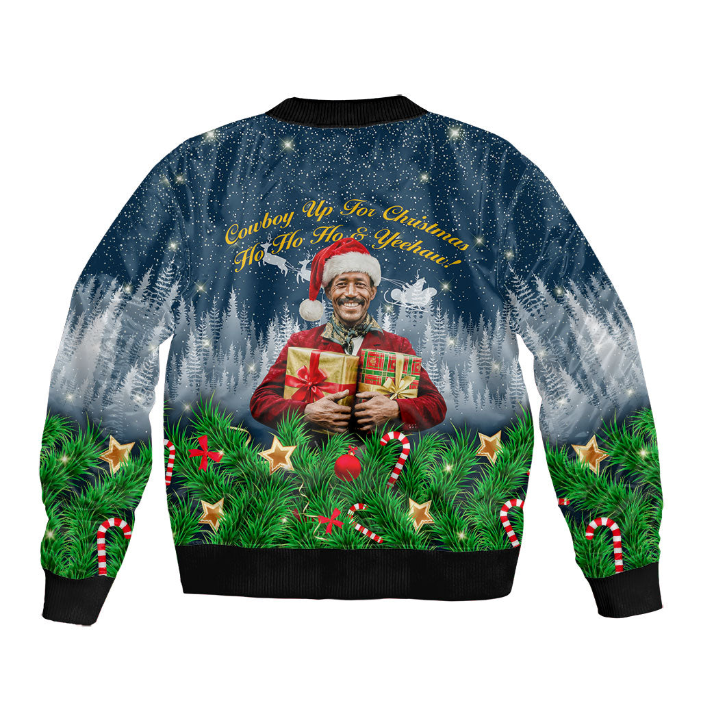 Isom Dart Christmas Bomber Jacket Black Cowboy  Santa Western Snow Winter