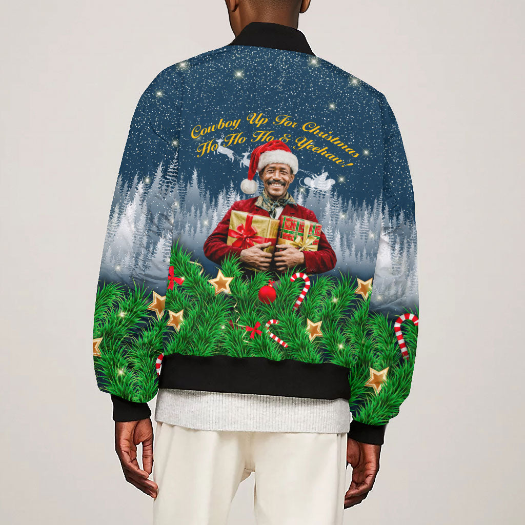 Isom Dart Christmas Bomber Jacket Black Cowboy  Santa Western Snow Winter