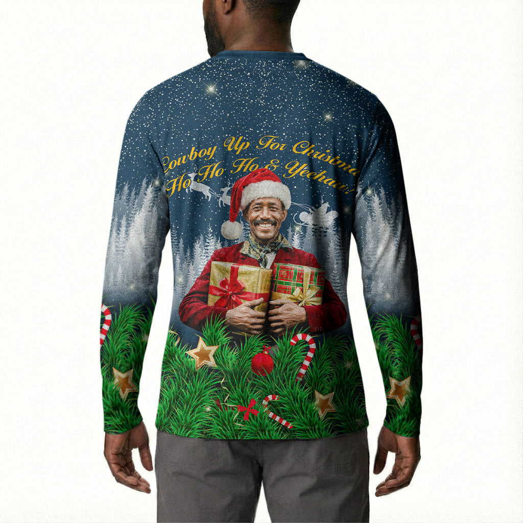 Isom Dart Christmas Button Sweatshirt Black Cowboy  Santa Western Snow Winter
