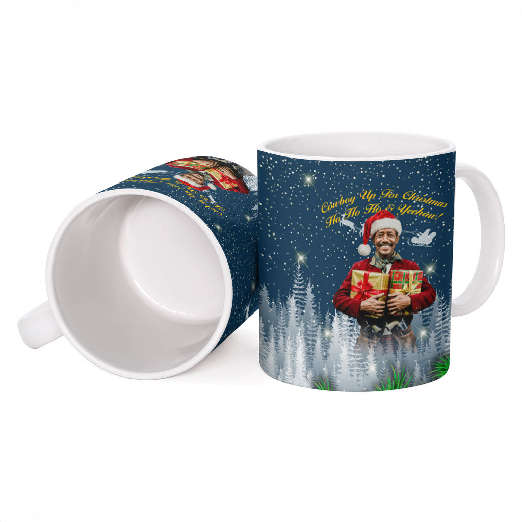 Isom Dart Christmas Ceramic Mug Black Cowboy  Santa Western Snow Winter
