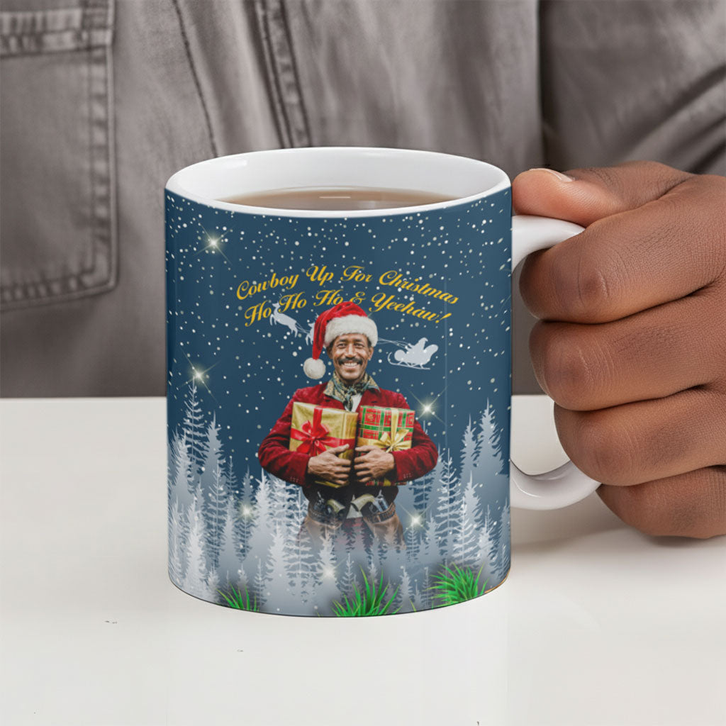 Isom Dart Christmas Ceramic Mug Black Cowboy  Santa Western Snow Winter