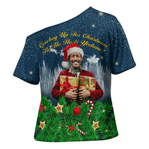 Isom Dart Christmas Cross Shoulder Shirt Black Cowboy  Santa Western Snow Winter