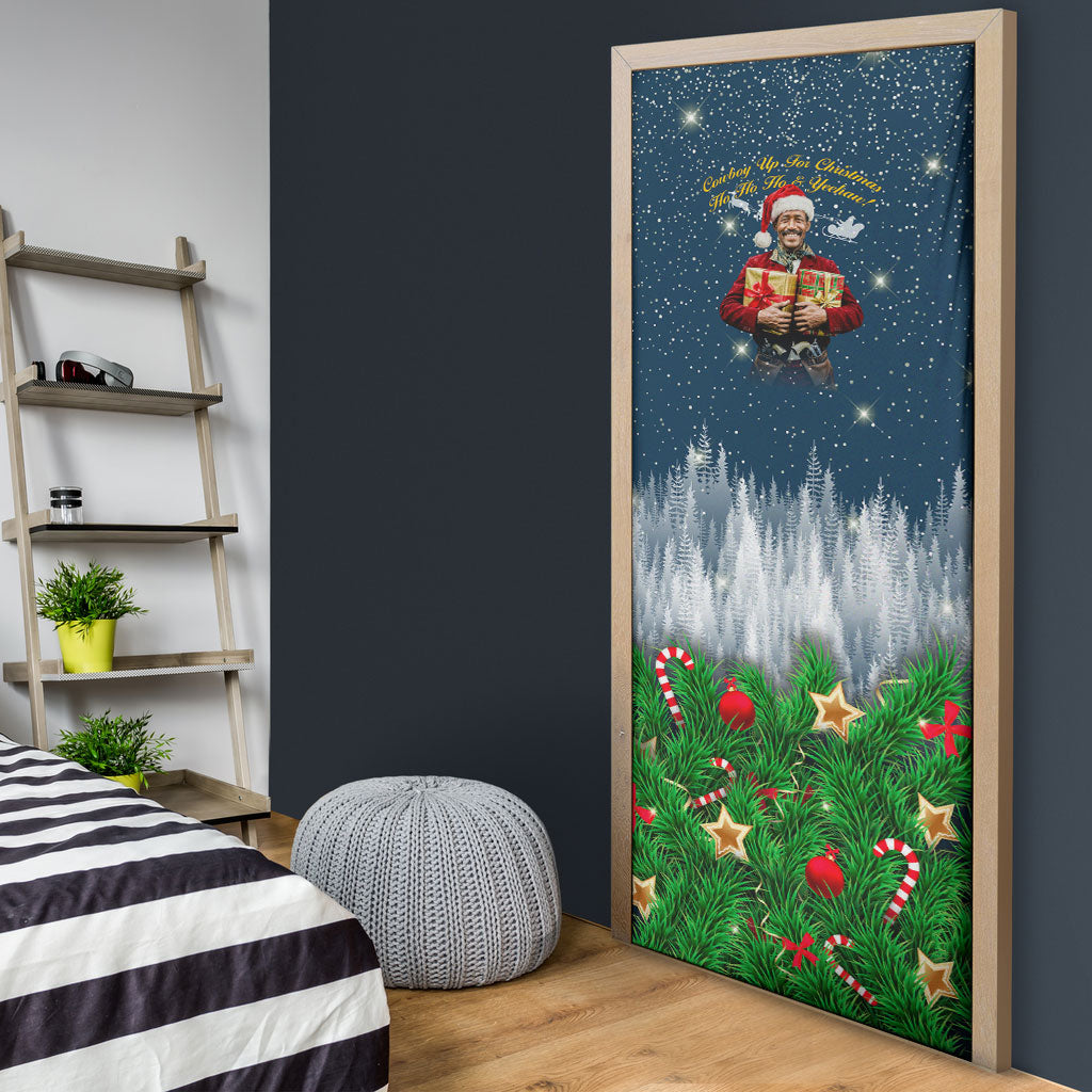 Isom Dart Christmas Door Cover Black Cowboy  Santa Western Snow Winter