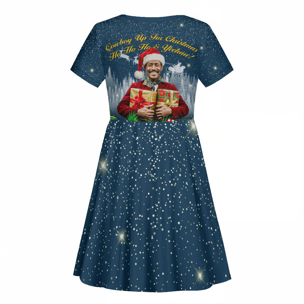Isom Dart Christmas Kid Short Sleeve Dress Black Cowboy  Santa Western Snow Winter
