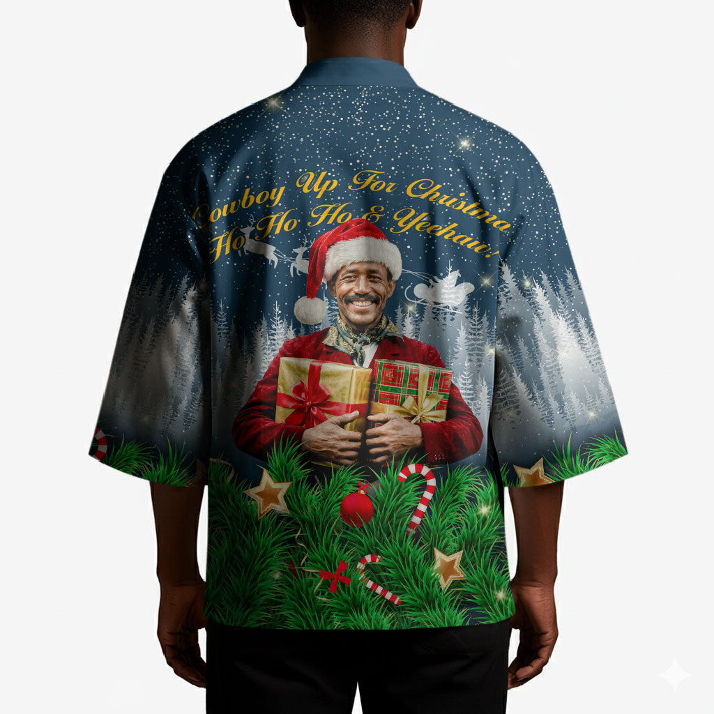 Isom Dart Christmas Kimono Black Cowboy  Santa Western Snow Winter