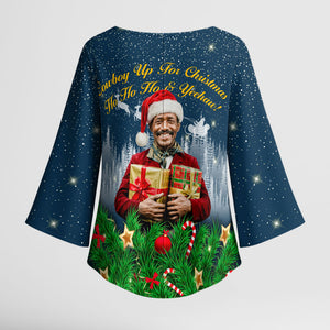 Isom Dart Christmas Kimono Sleeve Blouse Black Cowboy  Santa Western Snow Winter