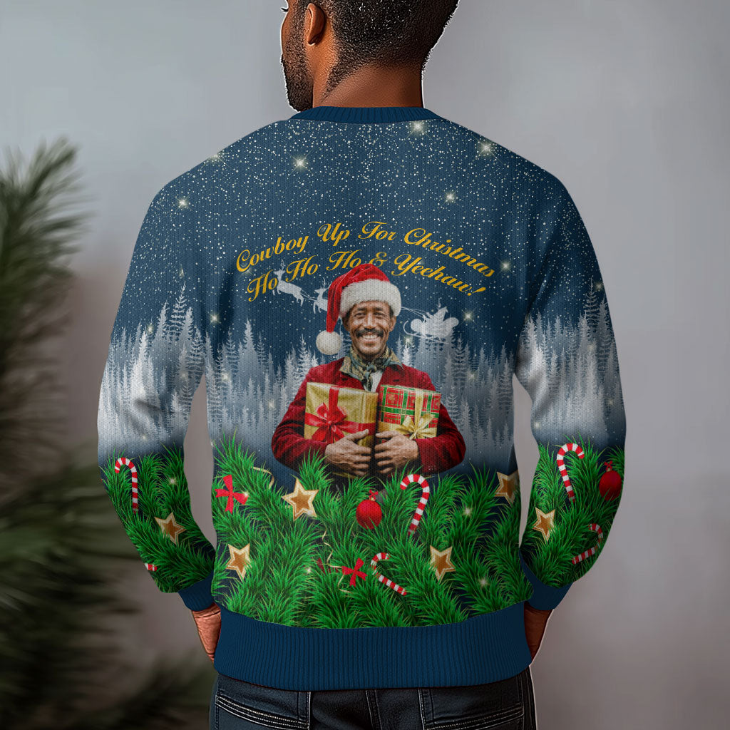 Isom Dart Christmas Ugly Christmas Sweater Black Cowboy  Santa Western Snow Winter