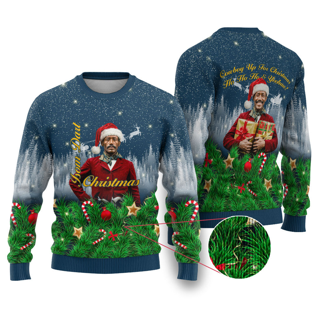 Isom Dart Christmas Ugly Christmas Sweater Black Cowboy  Santa Western Snow Winter