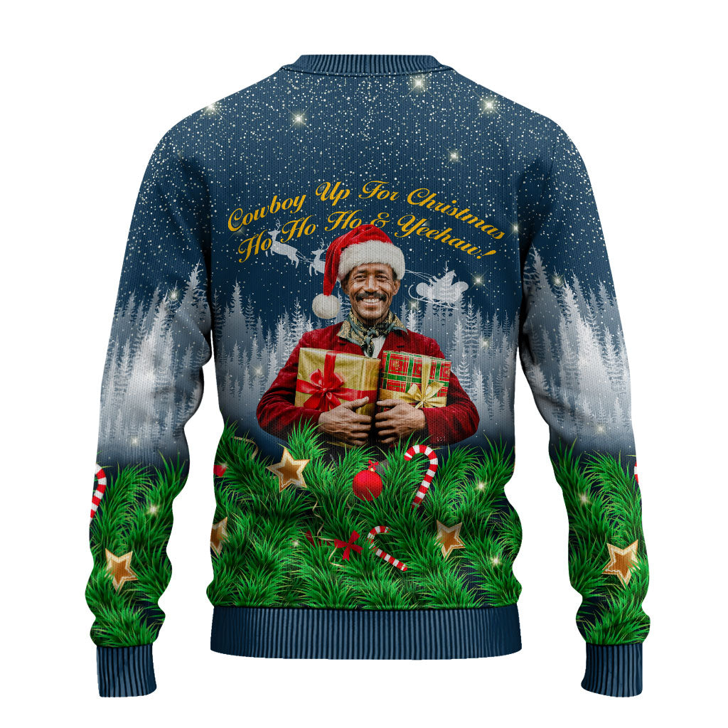 Isom Dart Christmas Ugly Christmas Sweater Black Cowboy  Santa Western Snow Winter