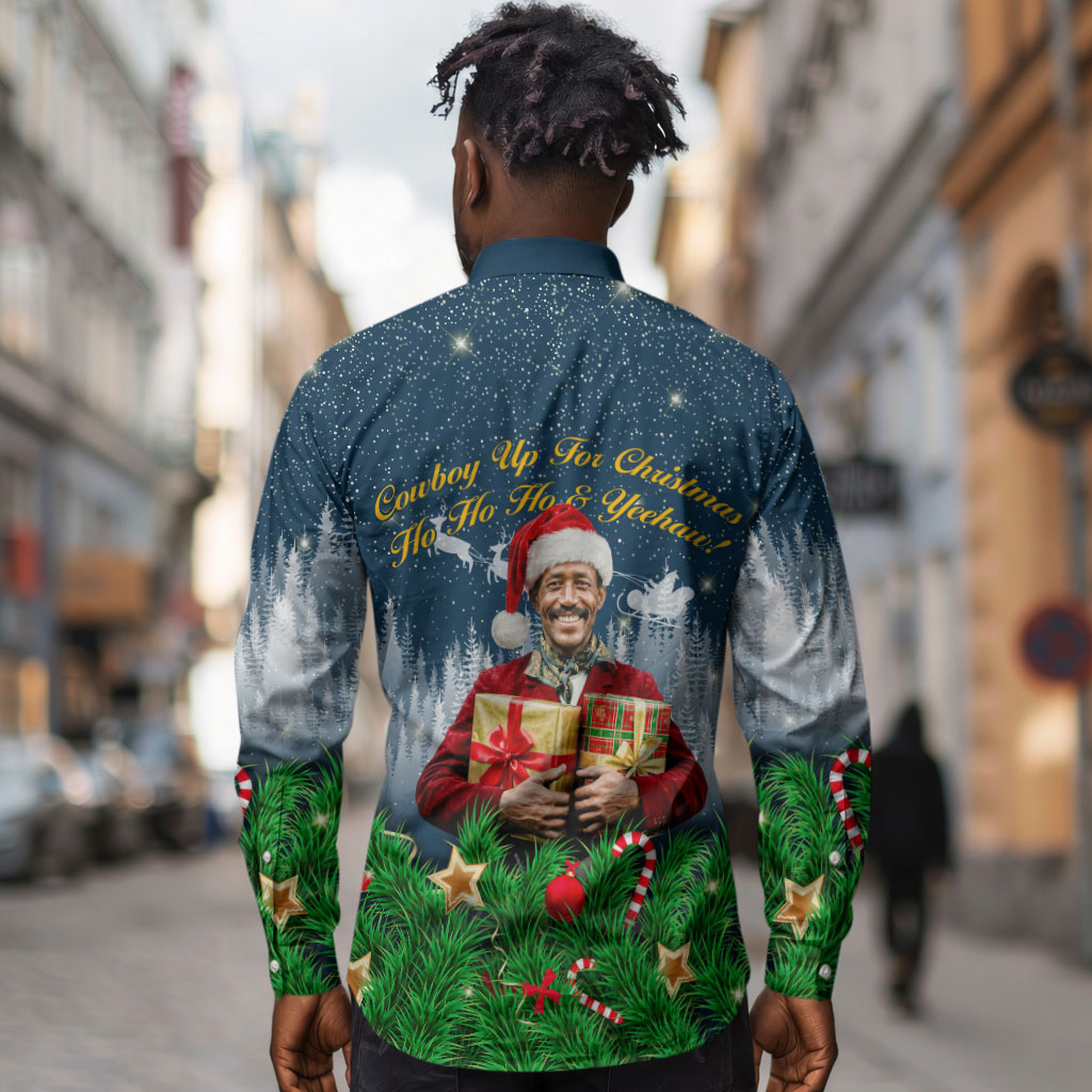 Isom Dart Christmas Long Sleeve Button Shirt Black Cowboy  Santa Western Snow Winter