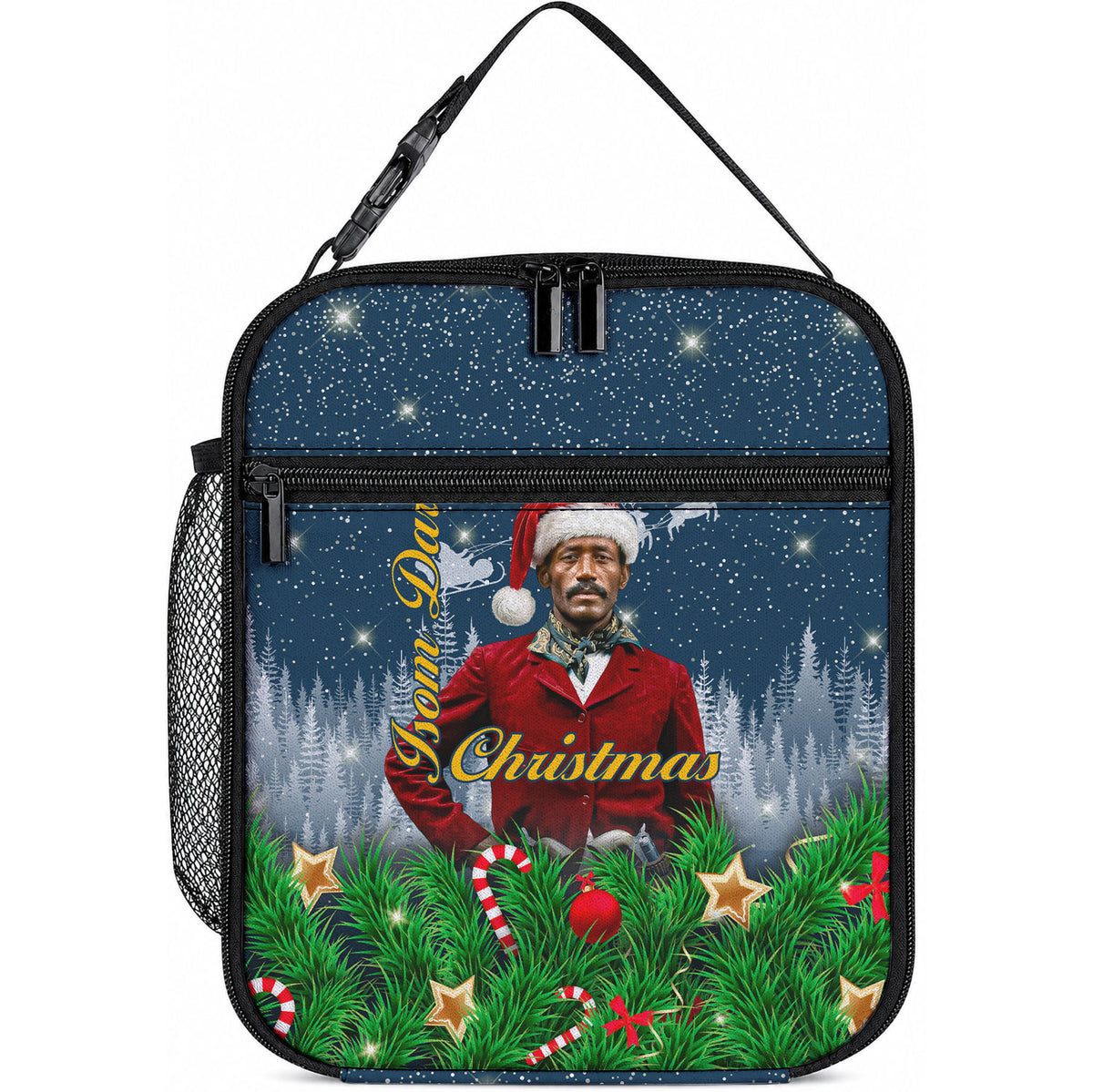 Isom Dart Christmas Lunch Bag Black Cowboy  Santa Western Snow Winter