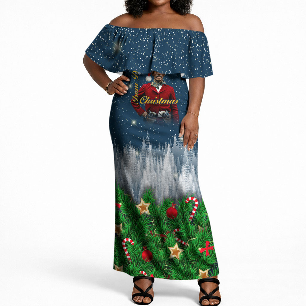 Isom Dart Christmas Off Shoulder Maxi Dress Black Cowboy  Santa Western Snow Winter