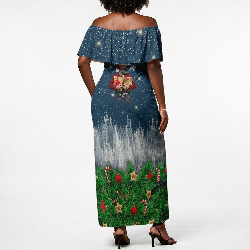 Isom Dart Christmas Off Shoulder Maxi Dress Black Cowboy  Santa Western Snow Winter