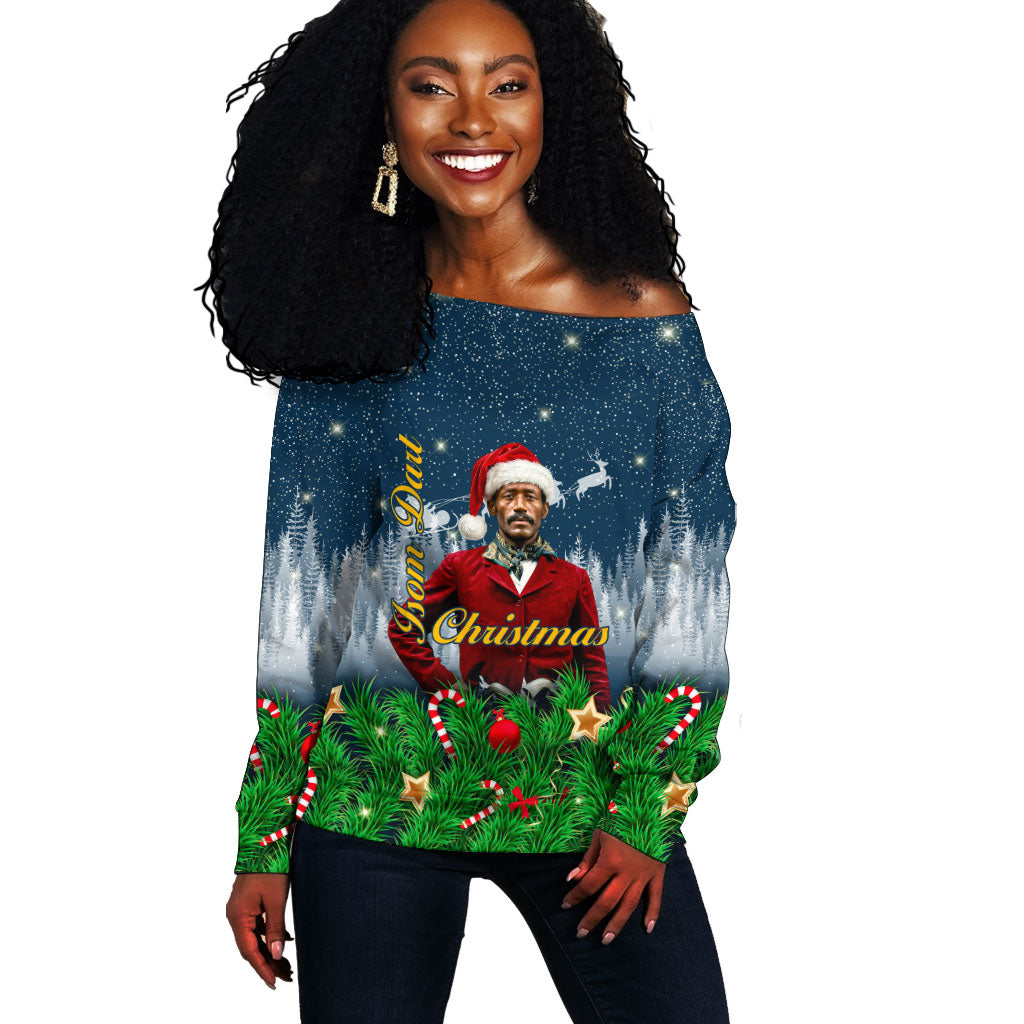 Isom Dart Christmas Off Shoulder Sweater Black Cowboy  Santa Western Snow Winter