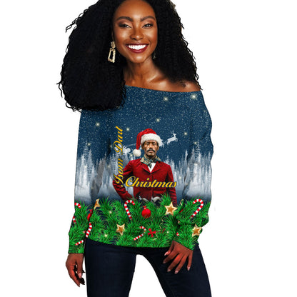 Isom Dart Christmas Off Shoulder Sweater Black Cowboy  Santa Western Snow Winter