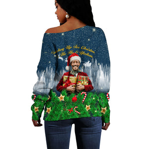 Isom Dart Christmas Off Shoulder Sweater Black Cowboy  Santa Western Snow Winter