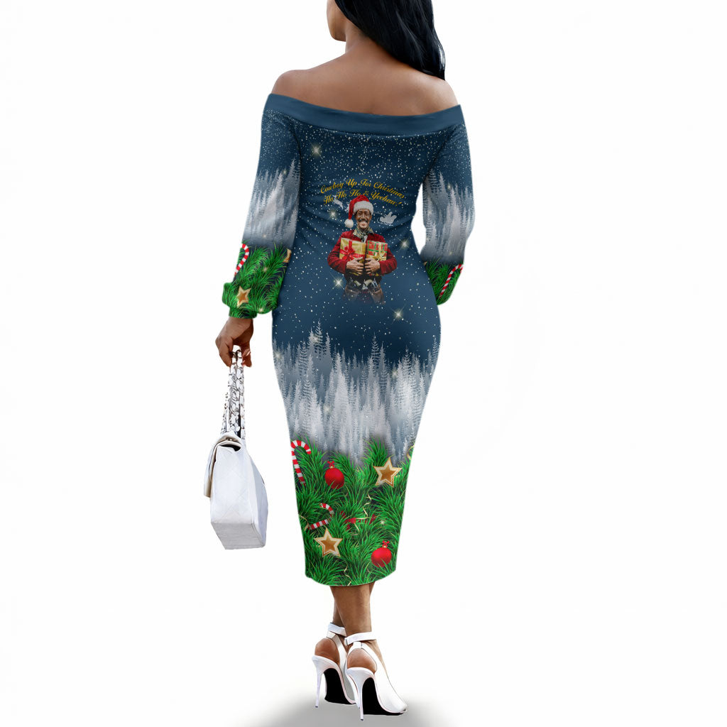 Isom Dart Christmas Off The Shoulder Long Sleeve Dress Black Cowboy  Santa Western Snow Winter