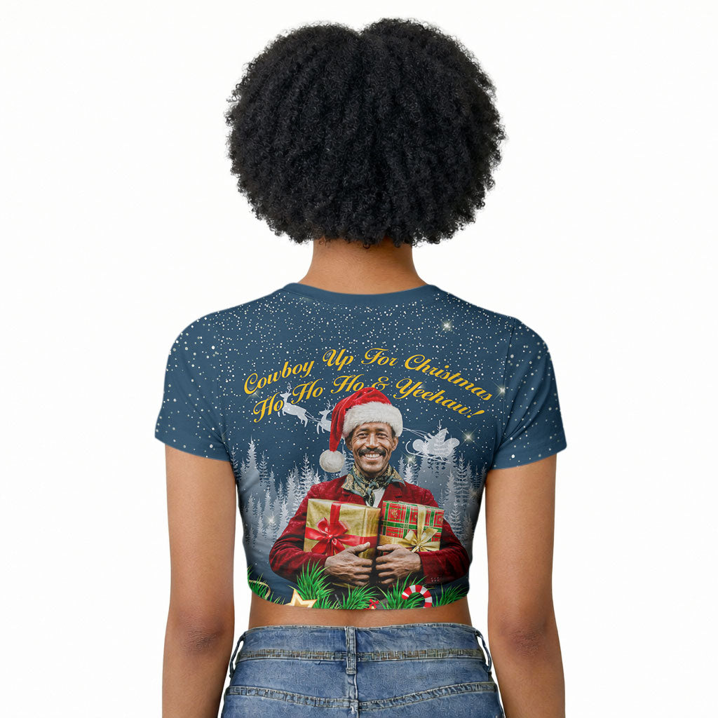 Isom Dart Christmas Raglan Cropped T shirt Black Cowboy  Santa Western Snow Winter