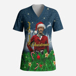Isom Dart Christmas Scrub Top Black Cowboy  Santa Western Snow Winter