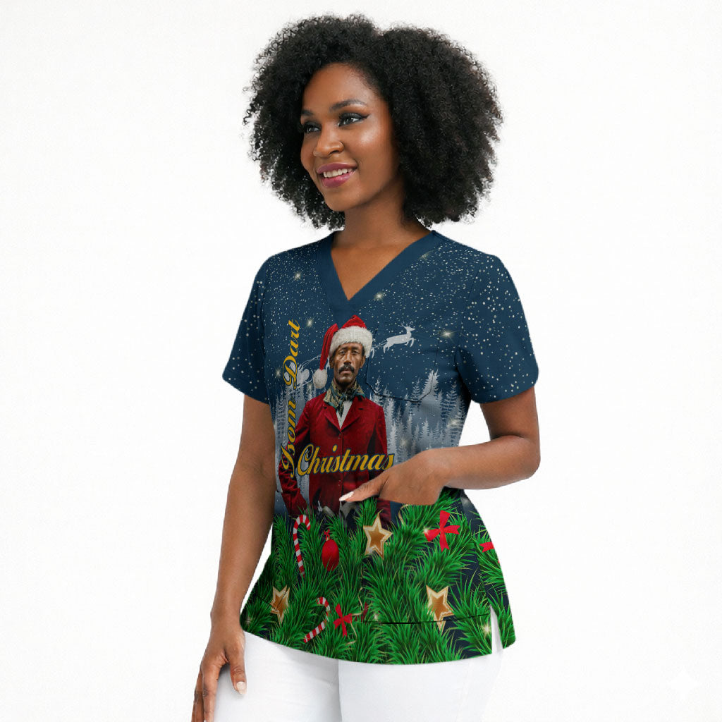 Isom Dart Christmas Scrub Top Black Cowboy  Santa Western Snow Winter