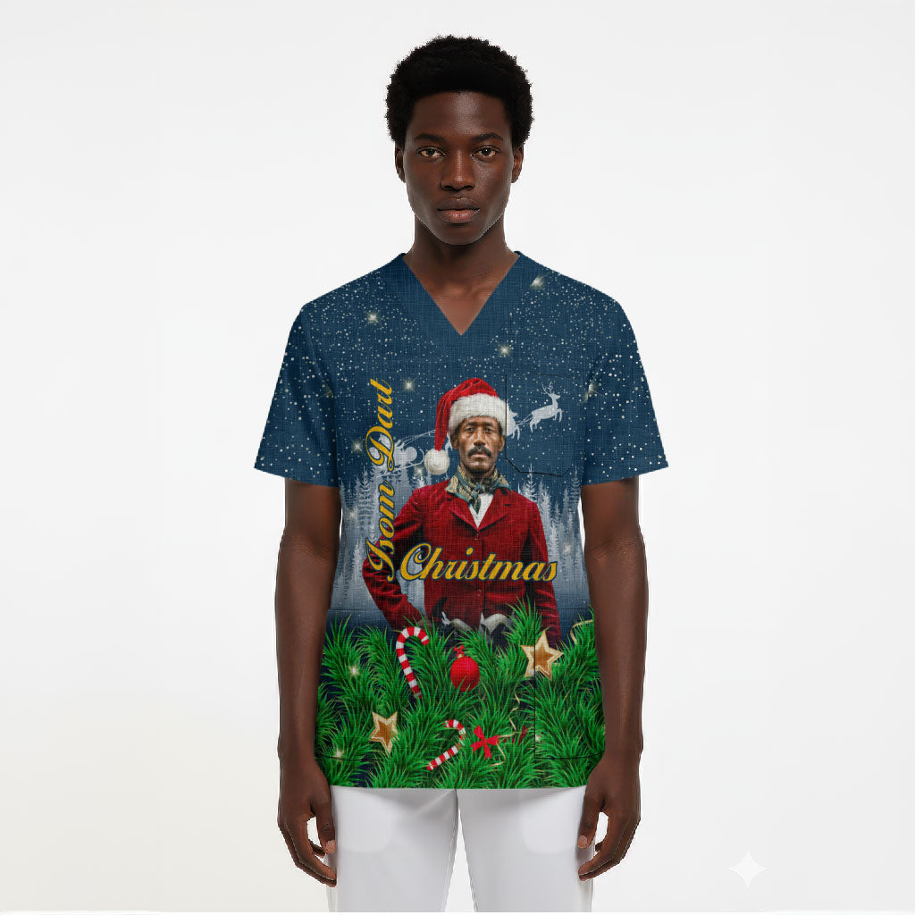 Isom Dart Christmas Scrub Top Black Cowboy  Santa Western Snow Winter
