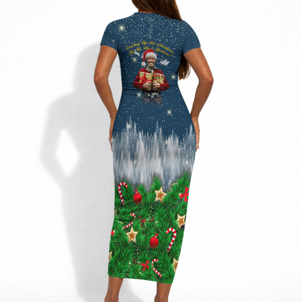 Isom Dart Christmas Short Sleeve Bodycon Dress Black Cowboy  Santa Western Snow Winter