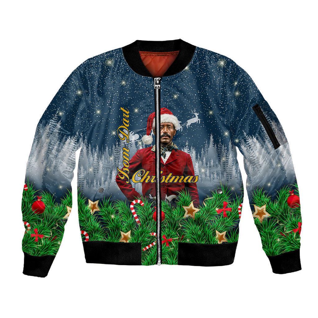 Isom Dart Christmas Sleeve Zip Bomber Jacket Black Cowboy  Santa Western Snow Winter