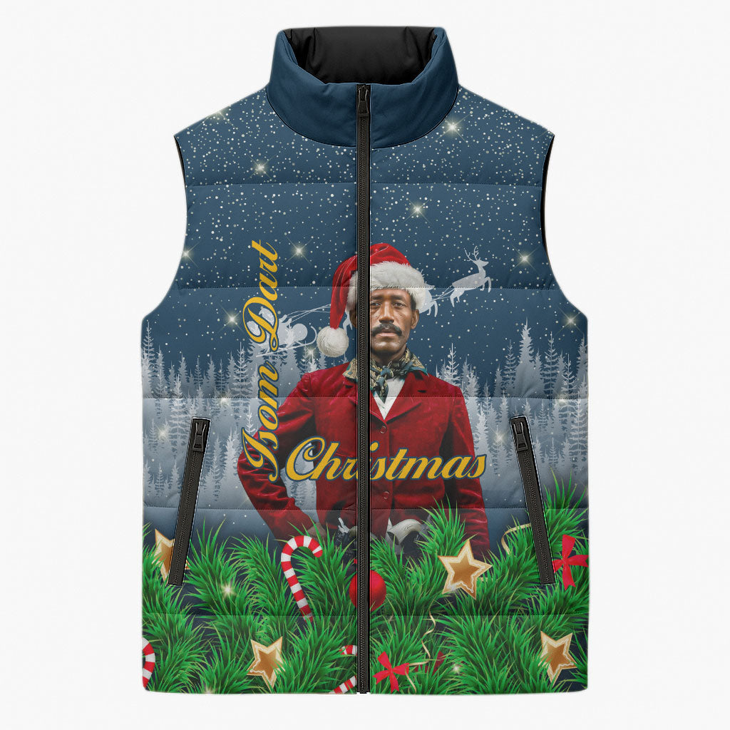 Isom Dart Christmas Sleeveless Puffer Jacket Black Cowboy  Santa Western Snow Winter