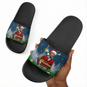 Isom Dart Christmas Slide Sandals Black Cowboy  Santa Western Snow Winter