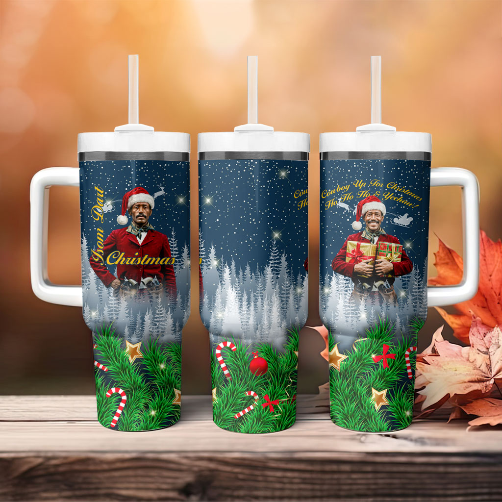 Isom Dart Christmas Tumbler With Handle Black Cowboy  Santa Western Snow Winter