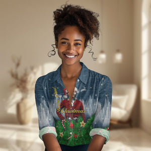 Isom Dart Christmas Women Casual Shirt Black Cowboy  Santa Western Snow Winter