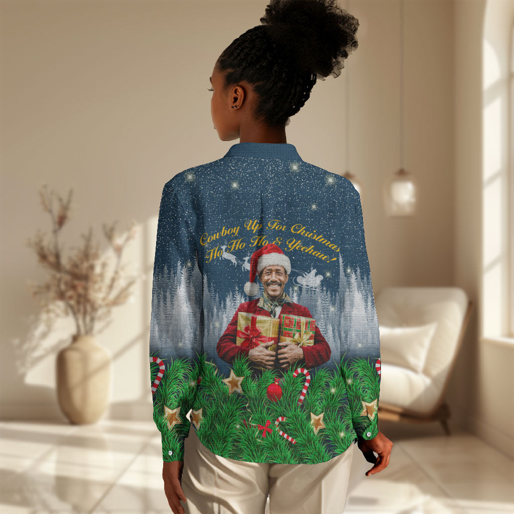 Isom Dart Christmas Women Casual Shirt Black Cowboy  Santa Western Snow Winter