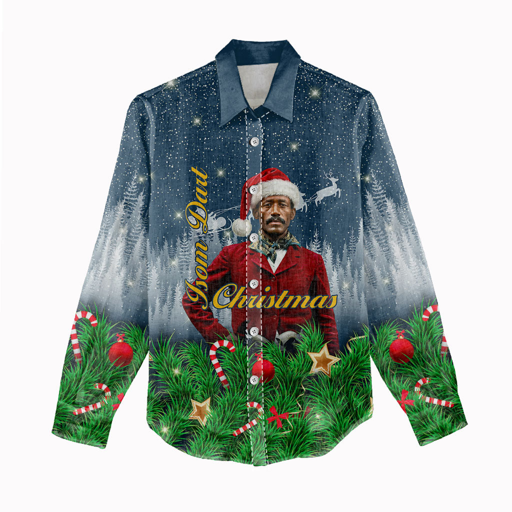 Isom Dart Christmas Women Casual Shirt Black Cowboy  Santa Western Snow Winter