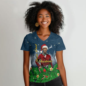 Isom Dart Christmas Women V-Neck T-Shirt Black Cowboy  Santa Western Snow Winter