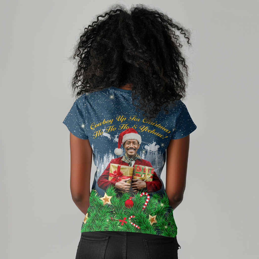 Isom Dart Christmas Women V-Neck T-Shirt Black Cowboy  Santa Western Snow Winter