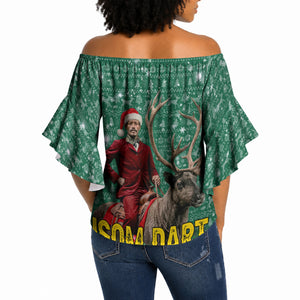 Isom Dart Christmas Off Shoulder Wrap Waist Top Black Cowboy Western Holiday Reindeer
