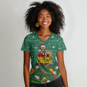Isom Dart Christmas Women V-Neck T-Shirt Black Cowboy Western Holiday Reindeer