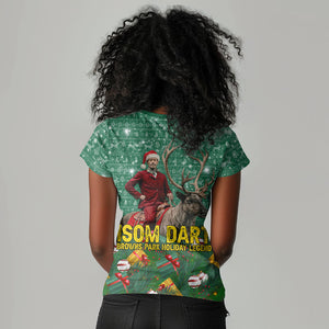 Isom Dart Christmas Women V-Neck T-Shirt Black Cowboy Western Holiday Reindeer