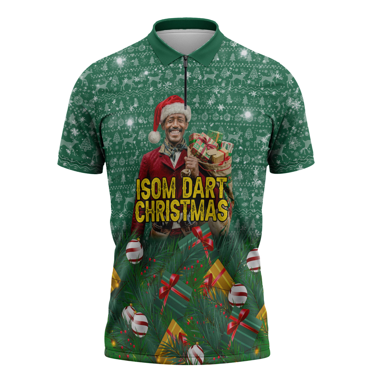 Isom Dart Christmas Zipper Polo Shirt Black Cowboy Western Holiday Reindeer