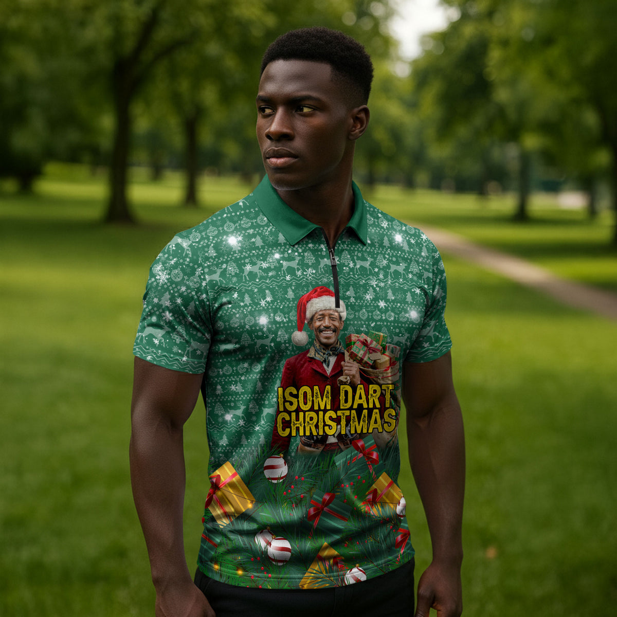 Isom Dart Christmas Zipper Polo Shirt Black Cowboy Western Holiday Reindeer