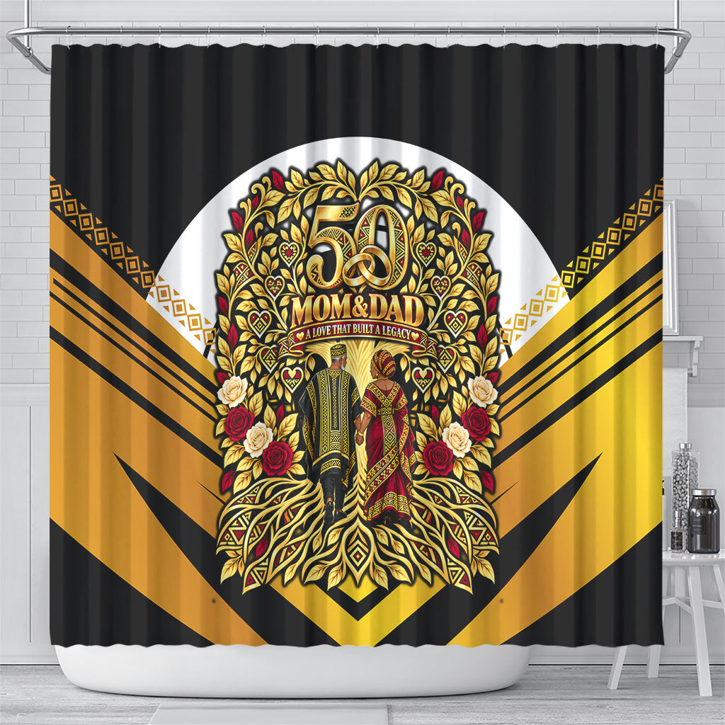 African 50th Anniversary Wedding Shower Curtain Mom and Dad - A Love That Built A Legacy