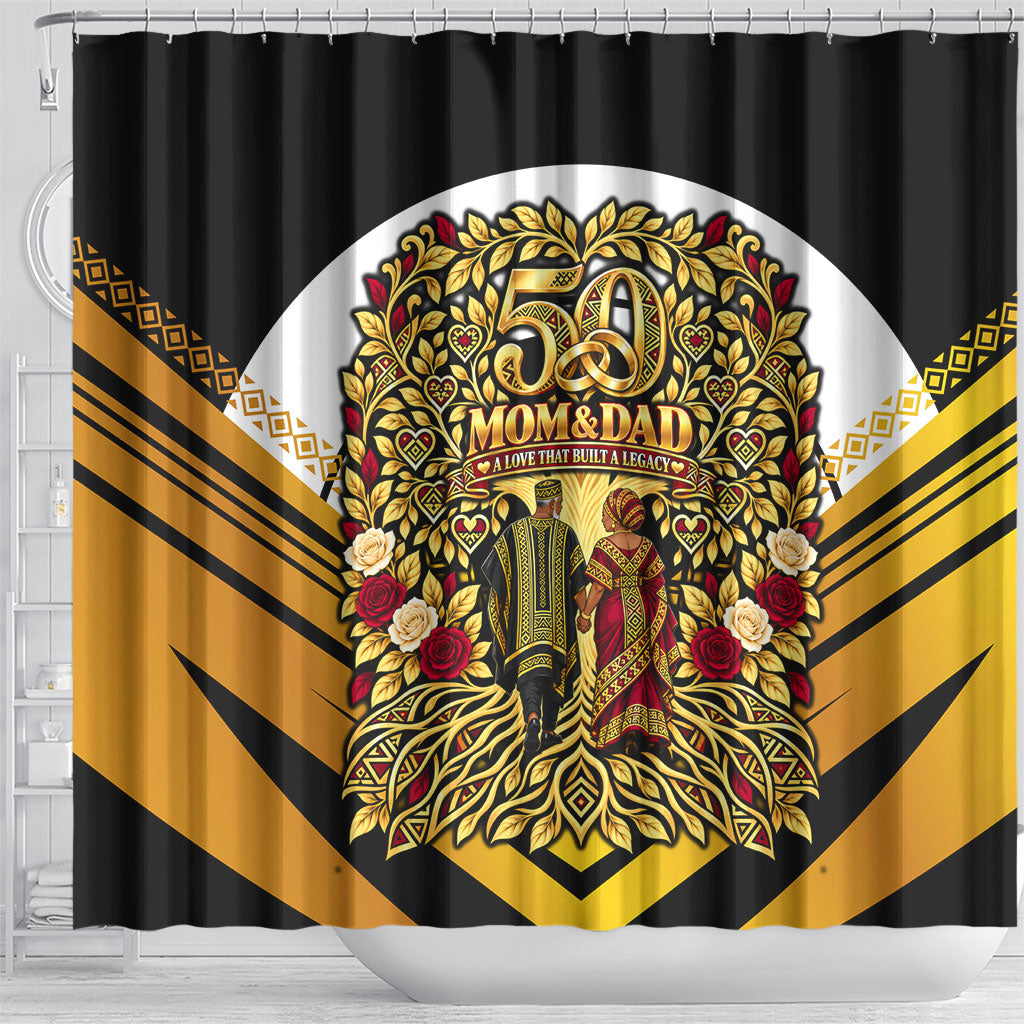 African 50th Anniversary Wedding Shower Curtain Mom and Dad - A Love That Built A Legacy