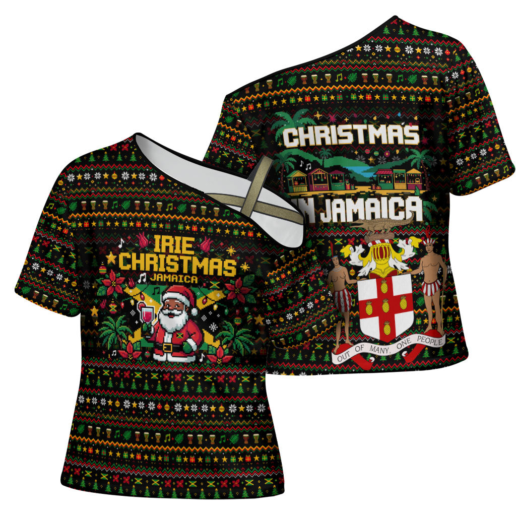 Jamaica Christmas Irie Cross Shoulder Shirt Jamaican Santa Flag Reggae Vibes